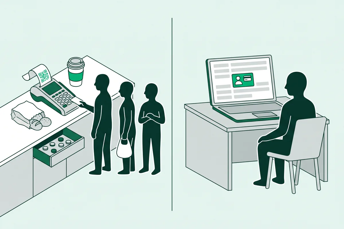Dibujo en dos mitades: un mostrador con cola, un datáfono que imprime un ticket con QR y un cajón con monedas; y una mesa con un portátil donde una persona rellena los datos de un cliente