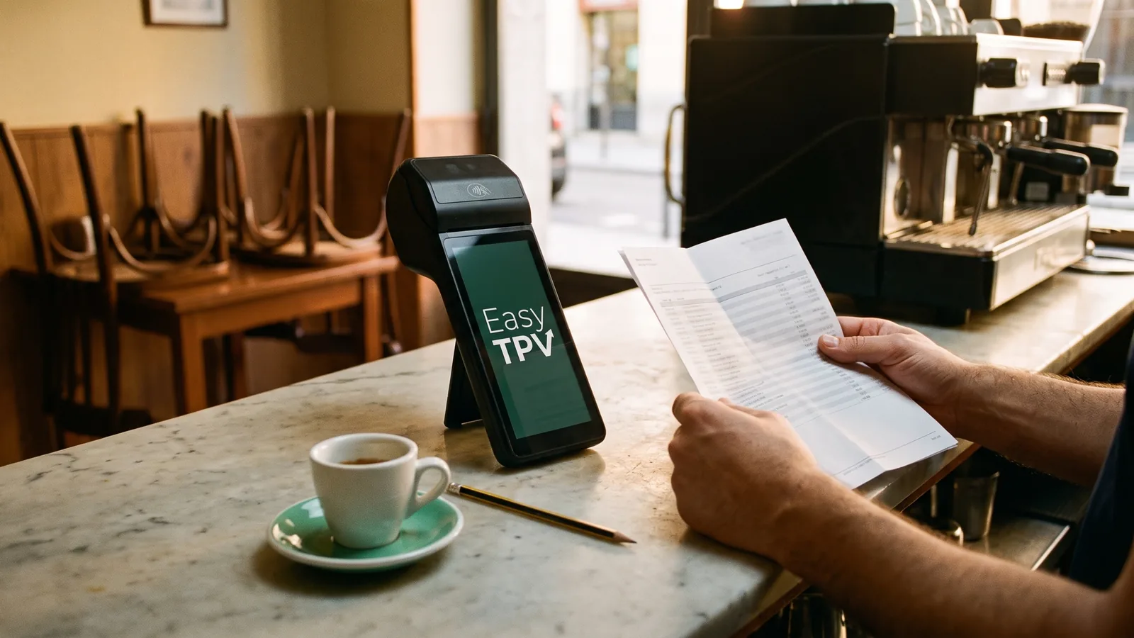 Mostrador de mármol de un café a la hora de cerrar: las manos del dueño revisan un extracto del banco junto al datáfono con EasyTPV en la pantalla, una taza de café y un lápiz