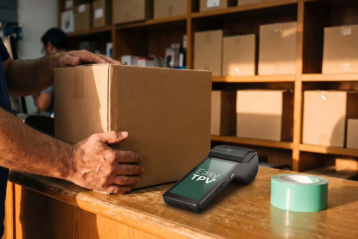 Unas manos dejan una caja grande de cartón en el mostrador de una tienda, junto al datáfono y un rollo de cinta verde