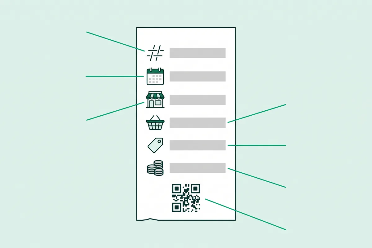 Dibujo de un ticket con seis filas señaladas: número, fecha, quien lo expide, lo vendido, el tipo de impuesto y el total, y un QR abajo