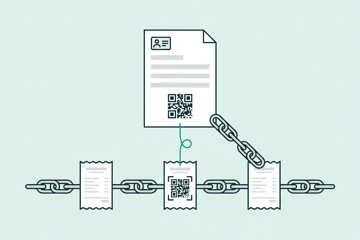 Dibujo de una cadena de tickets unidos y, encima, una factura completa con los datos del cliente unida por una línea verde al ticket que sustituye