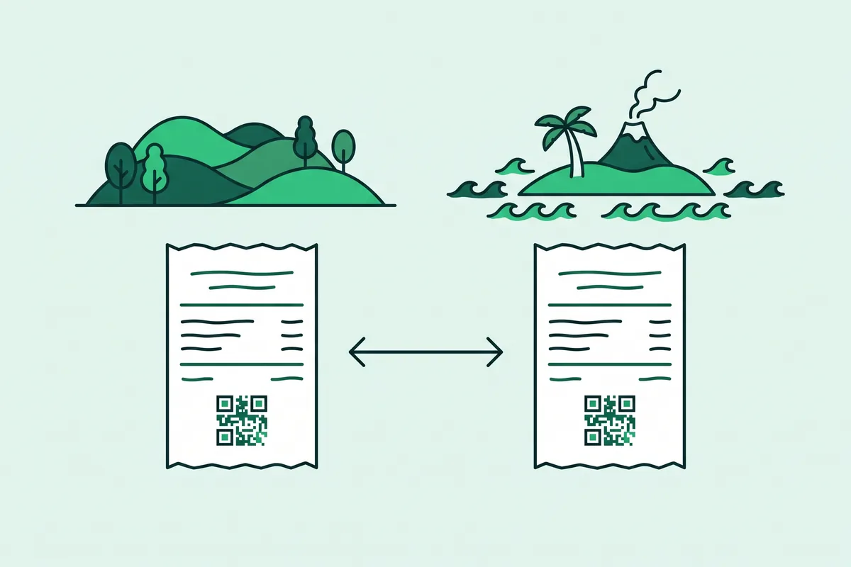 Dibujo de dos tickets iguales con su código QR, uno bajo unas colinas y otro bajo una isla con una palmera y un volcán, unidos por una flecha