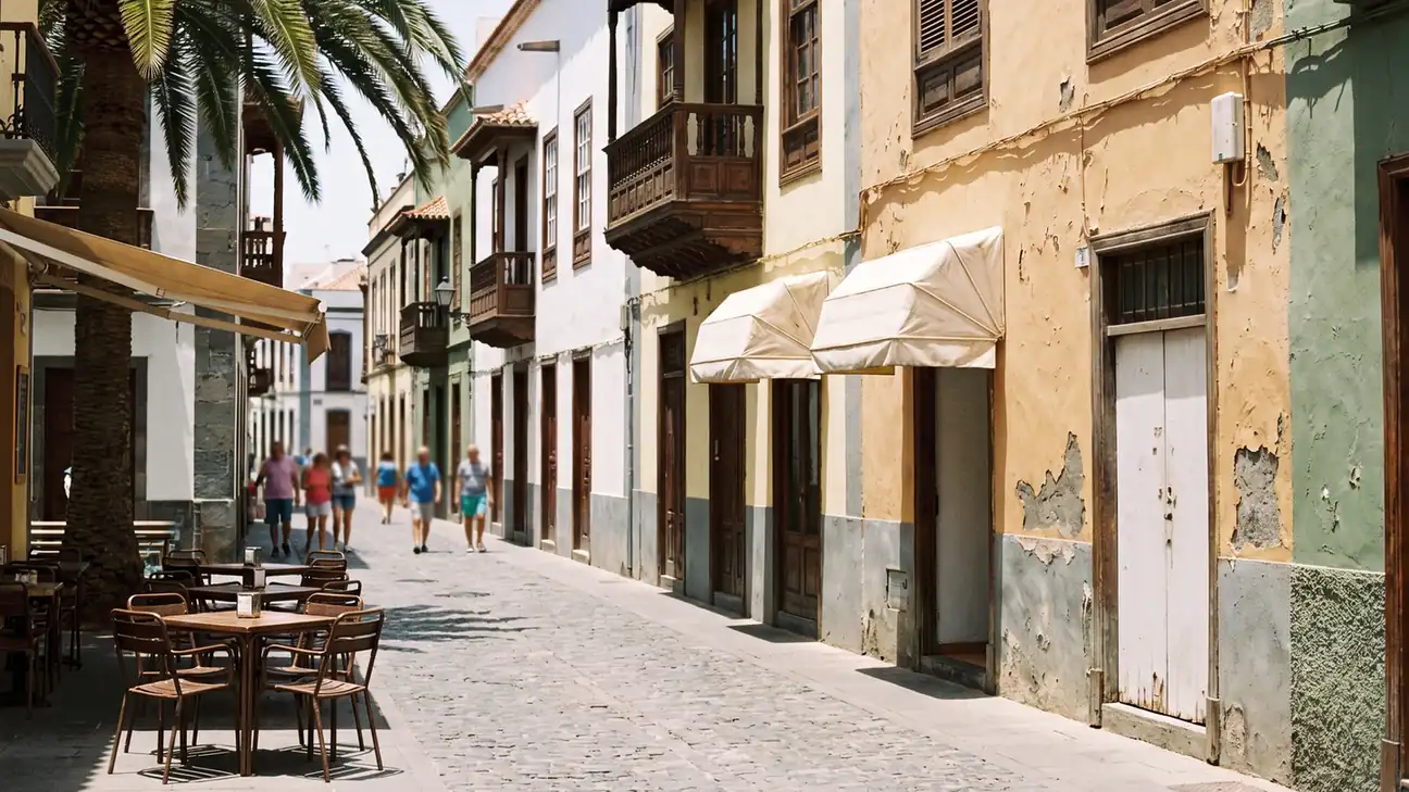 Calle peatonal de un casco antiguo canario a mediodía, con fachadas de colores, balcones de madera, una palmera y una terraza con mesas