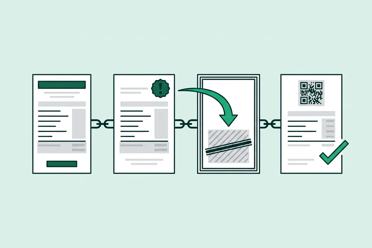 Dibujo de una cadena de cuatro tickets unidos: uno marcado como erróneo, el de anulación unido a él con una flecha verde y el ticket nuevo con su QR