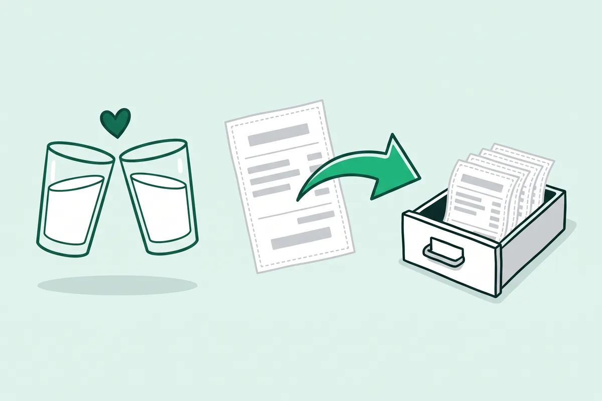 Dibujo de dos vasos que brindan con un corazón encima, una cuenta provisional y una flecha verde que la lleva a un archivo donde se guardan otras cuentas