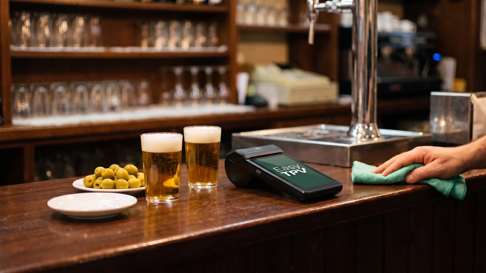 Barra de un bar por la noche: dos cañas, un plato de aceitunas, un platillo vacío para la cuenta y el datáfono, mientras una mano limpia la barra con un paño verde