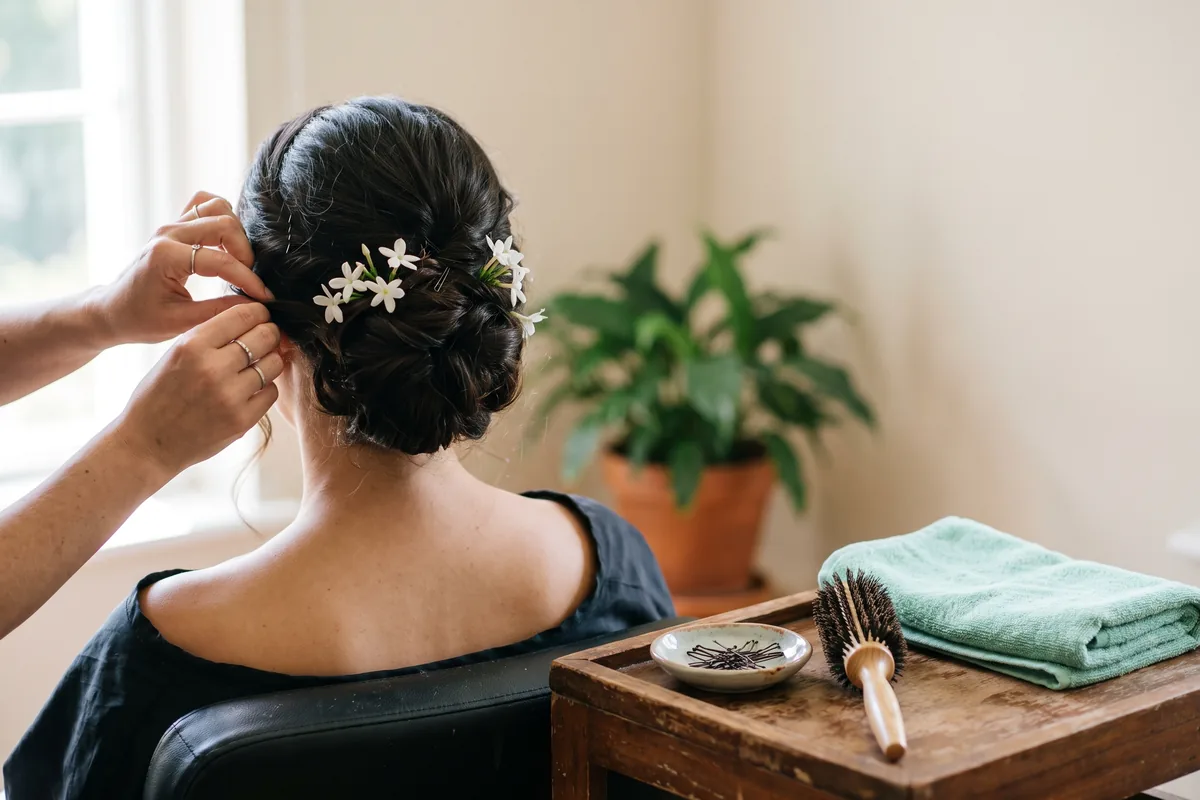 Manos de una peluquera que sujetan con horquillas un recogido de novia con flores blancas, visto desde detrás