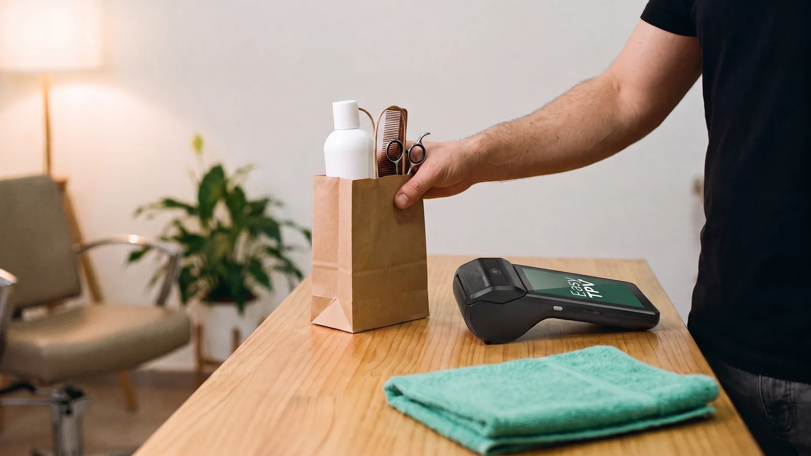 Recepción de una peluquería: una mano acerca una bolsa de papel con un bote de champú sin etiqueta, junto al datáfono y una toalla verde