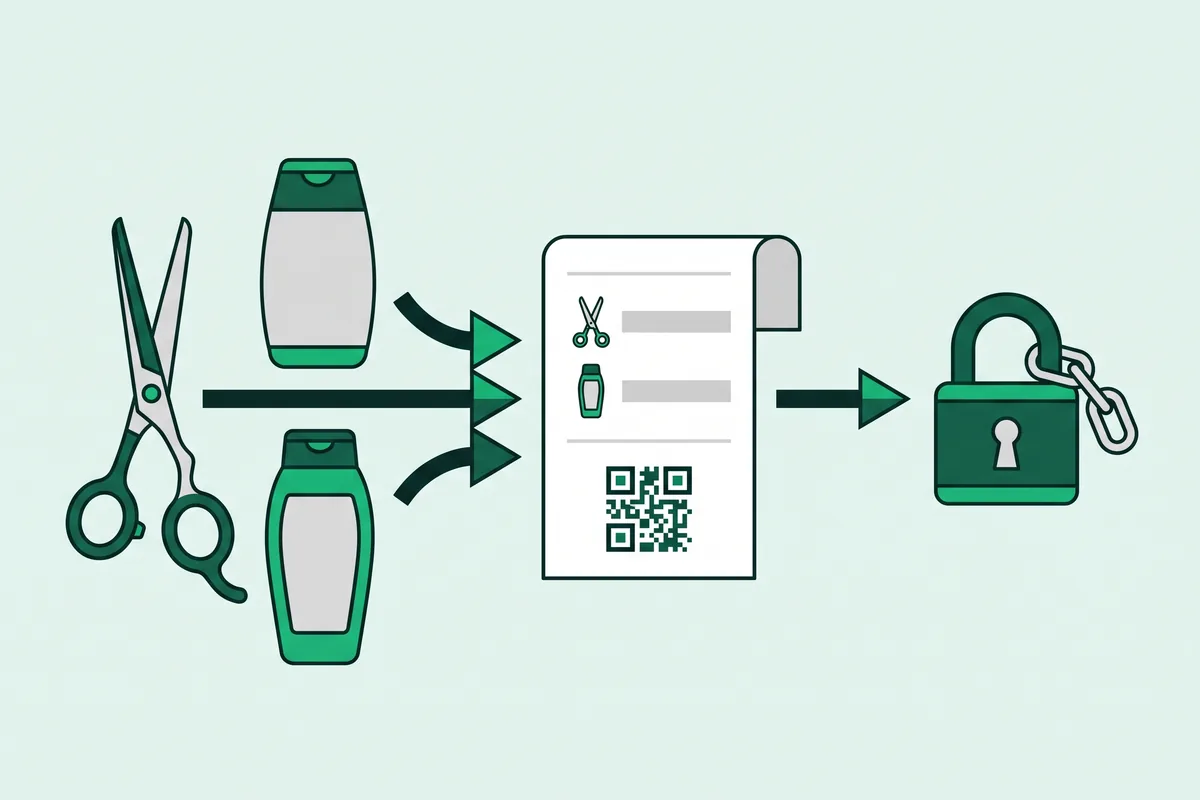 Dibujo de unas tijeras y unos botes de champú que van a un solo ticket con dos líneas y un QR, y una flecha hacia un único candado de la cadena