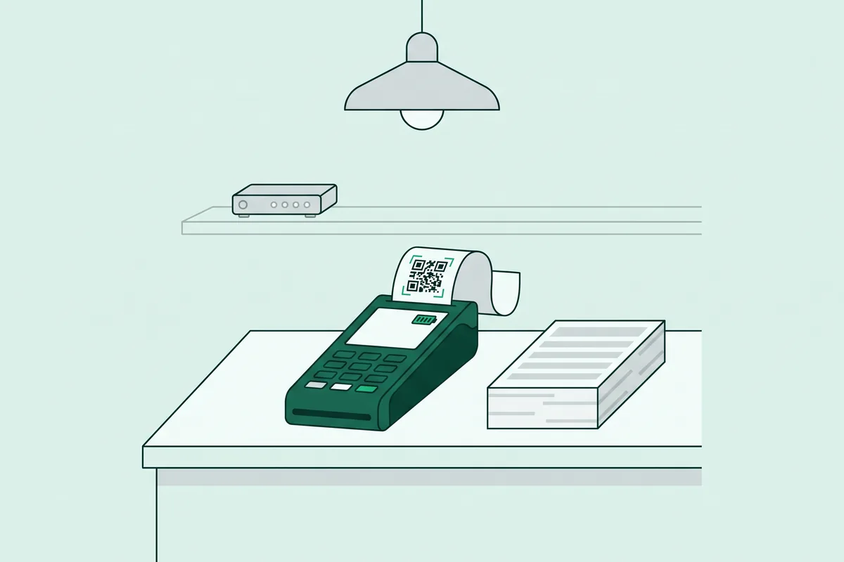 Dibujo de un mostrador durante un apagón: la lámpara y el router apagados en gris, y un datáfono con la batería llena que sigue imprimiendo un ticket con su QR junto a un montón de hojas por pasar