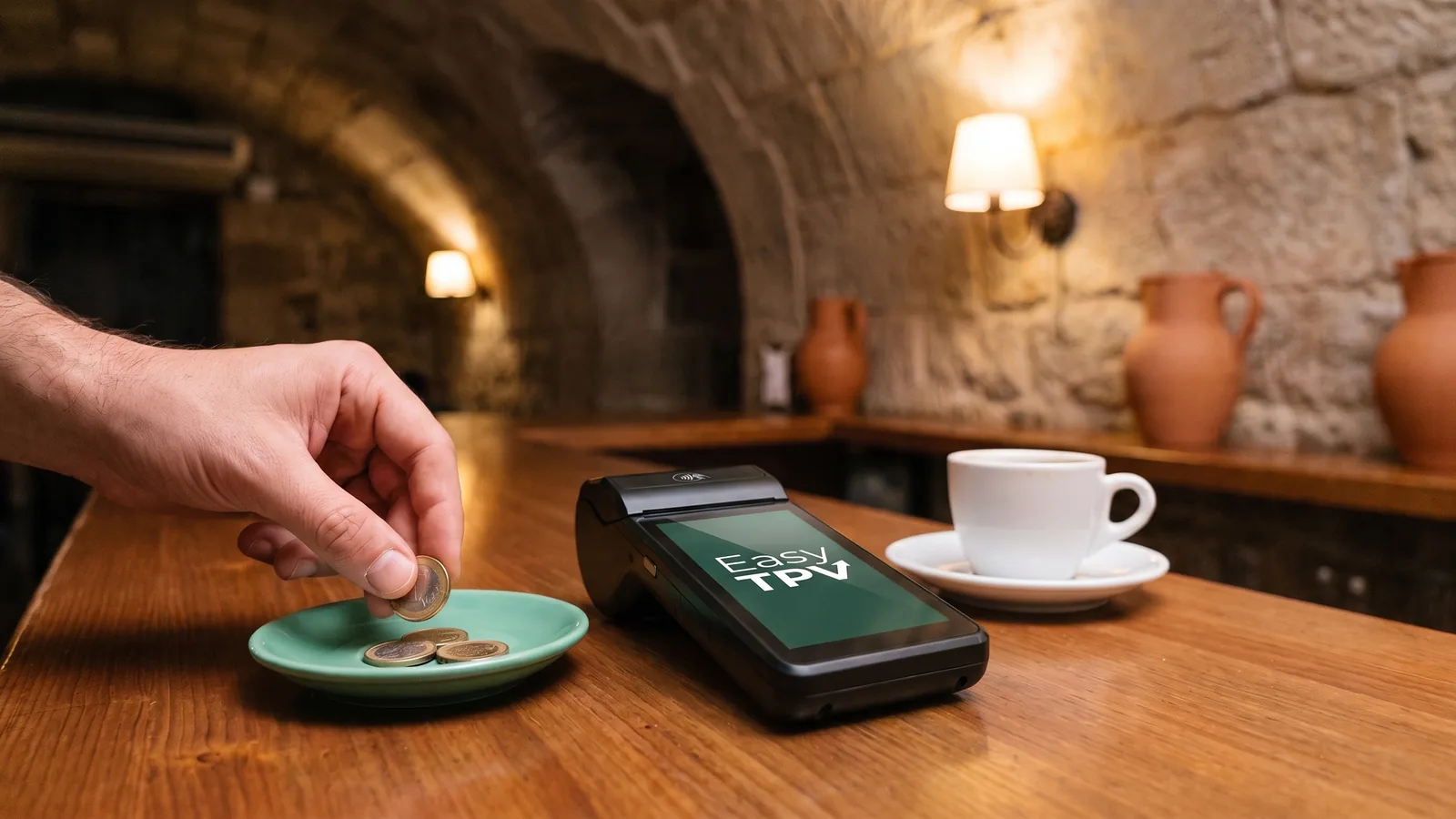 Barra de madera de un bar en una bodega con bóveda de piedra: la mano de un cliente deja monedas en un platillo verde junto al datáfono y una taza de café
