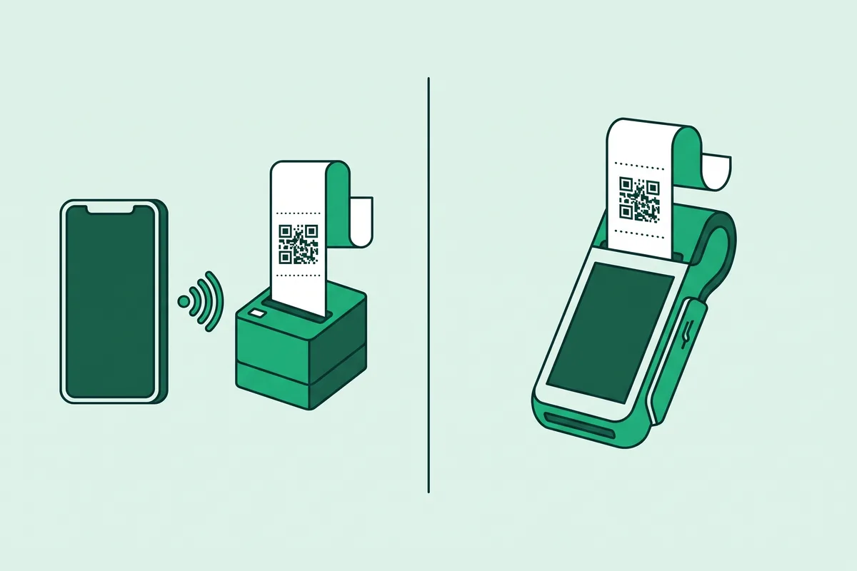 Dibujo de dos maneras de empezar: un teléfono con una impresora de tickets sin cables, o un solo datáfono con la impresora dentro