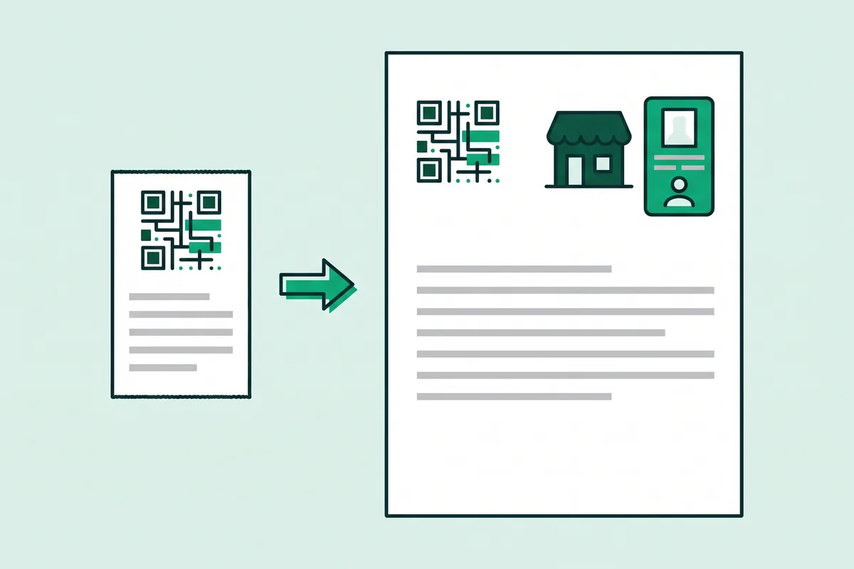 Dibujo de un ticket pequeño con su QR y, al lado, una factura completa con el icono de una empresa y el de un documento de identidad
