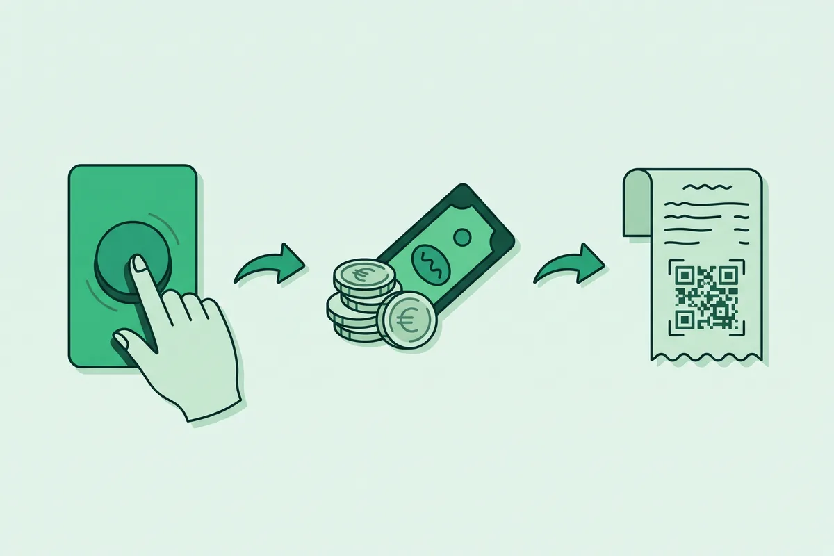 Tres pasos dibujados: un dedo pulsa un botón, unas monedas con un billete y un ticket con su código QR