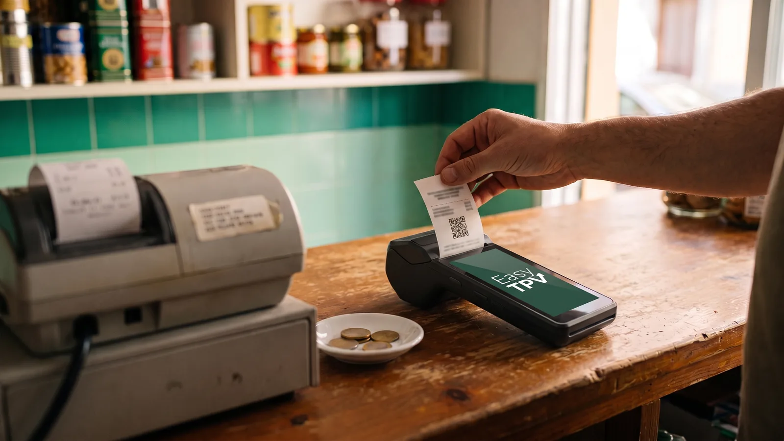 Mostrador de una tienda de barrio: la caja registradora de siempre al fondo y, delante, el datáfono imprimiendo un ticket con su código QR