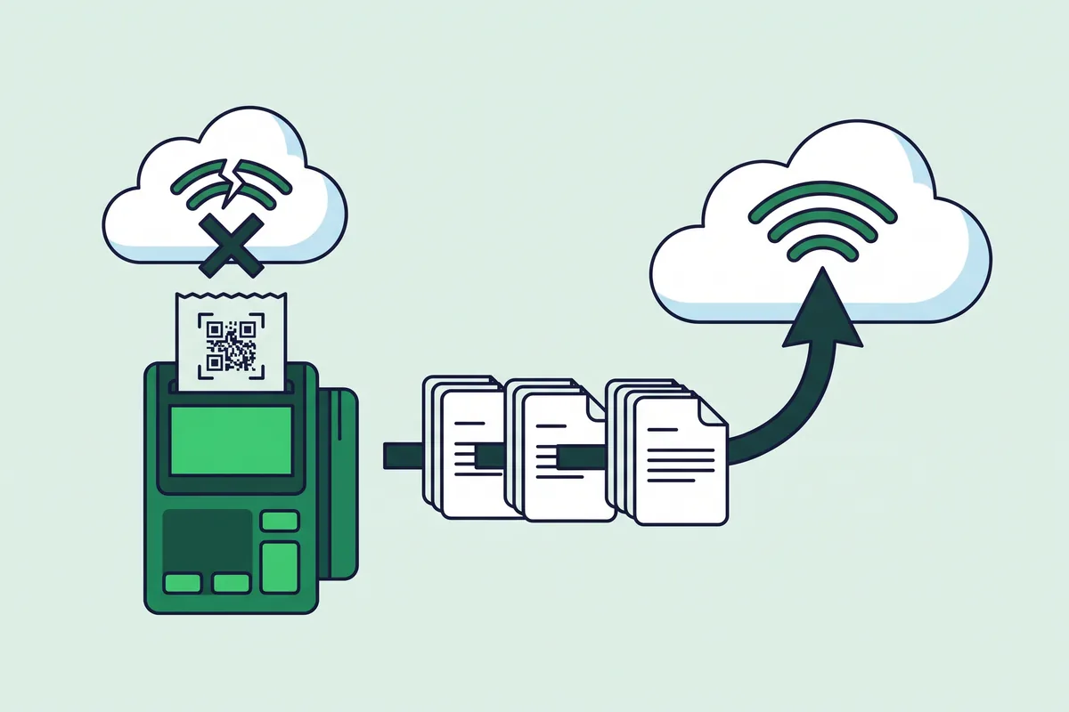Dibujo de un datáfono que imprime un ticket con la nube desconectada, los registros esperando en fila y la nube conectada que los recibe
