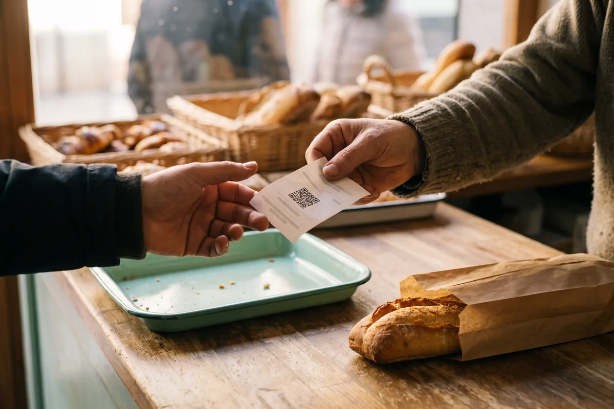 Un ticket con su código QR que pasa de una mano a otra en el mostrador de una panadería