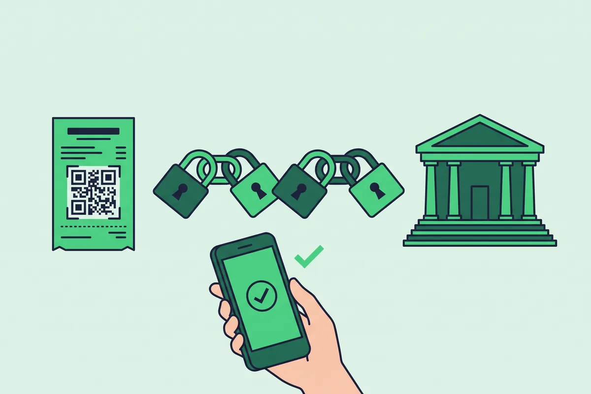 Dibujo de un ticket con su QR, una cadena de candados unidos y un edificio público, y una mano que comprueba el QR con el móvil