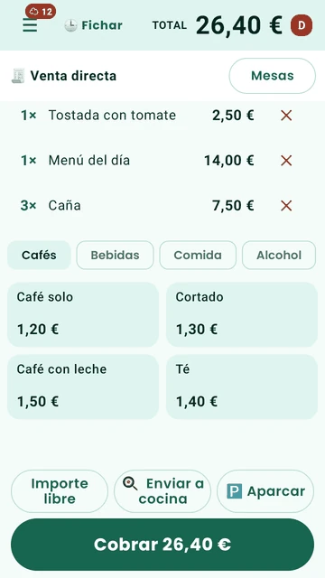 La caja en el datáfono: una venta de un bar con tres líneas, las categorías y el botón Cobrar 26,40 €.