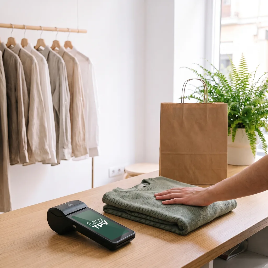 Un jersey doblado y el datáfono sobre el mostrador de una tienda de ropa luminosa.