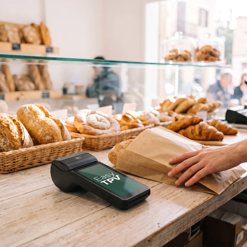 Pan y bollería en cestas, y el datáfono sobre el mostrador de madera de una panadería.
