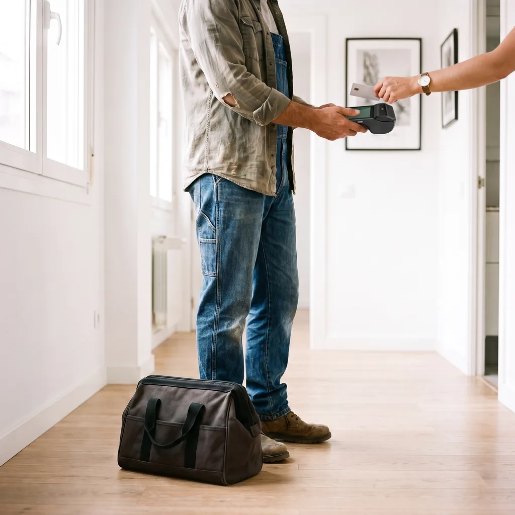 Un técnico acerca el datáfono a su cliente en la entrada de una casa, con su bolsa de herramientas en el suelo.