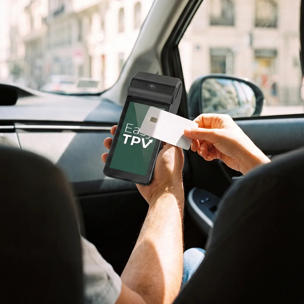 Desde el asiento de atrás de un taxi, el viajero acerca la tarjeta al datáfono que le tiende el conductor.