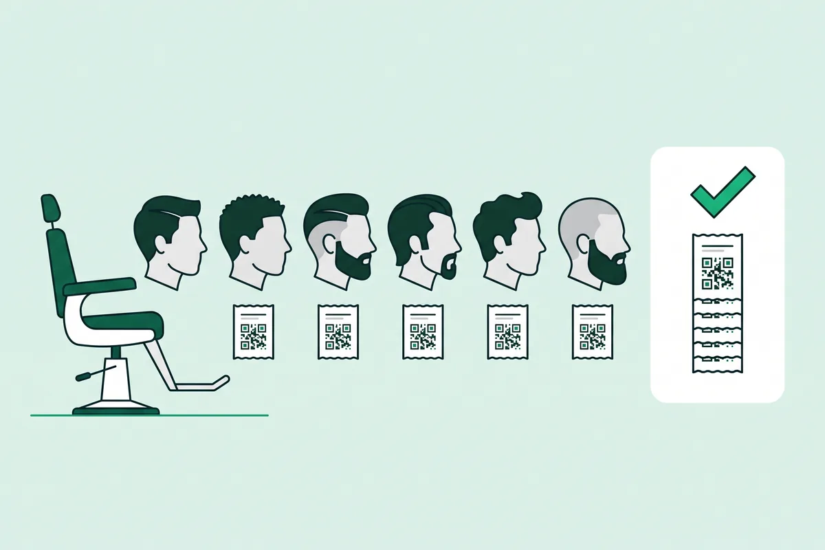 Dibujo de un sillón de barbero y una fila de cabezas de perfil con distintos cortes y barbas; bajo las ya atendidas, un ticket con QR cada una, y los tickets apilados en una tarjeta con una marca verde