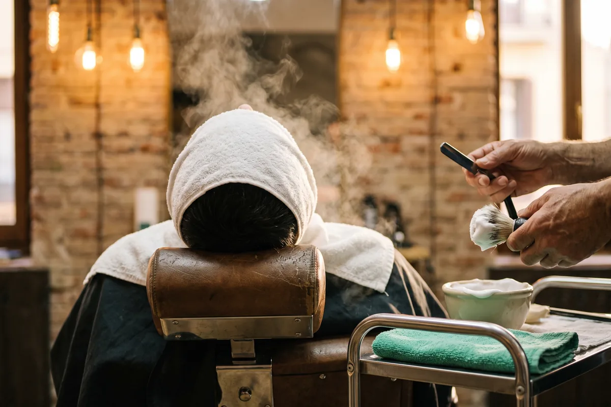 Cliente recostado en un sillón de barbero con la cara cubierta por una toalla caliente humeante, y las manos del barbero con una navaja cerrada y una brocha con espuma