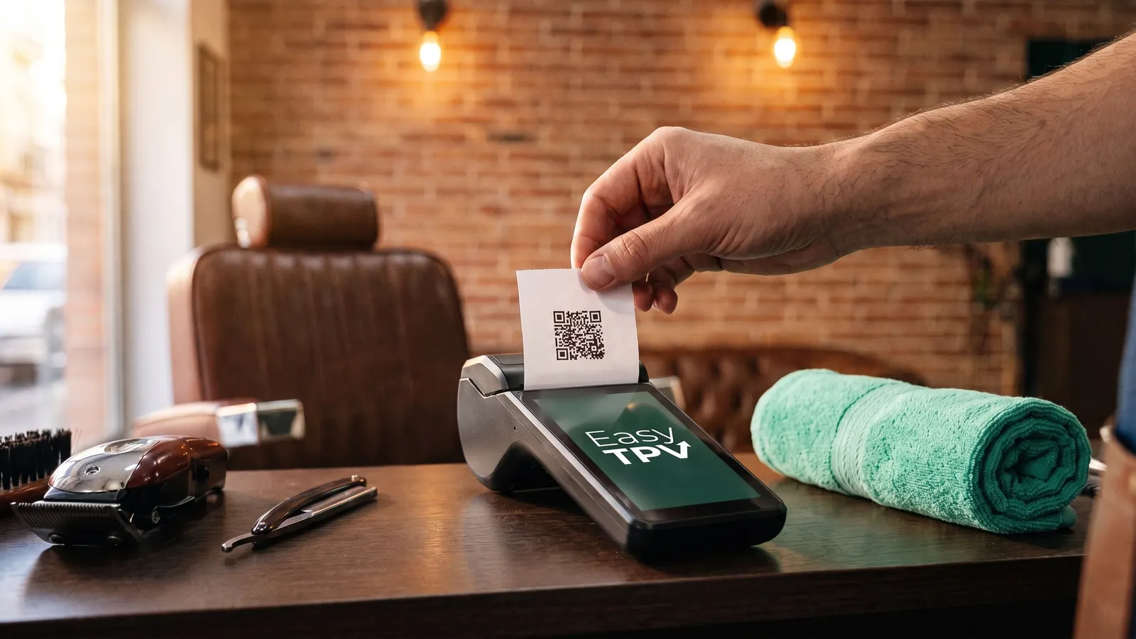Mostrador de una barbería: una mano arranca del datáfono un ticket con su código QR, junto a una maquinilla, una navaja cerrada y una toalla enrollada