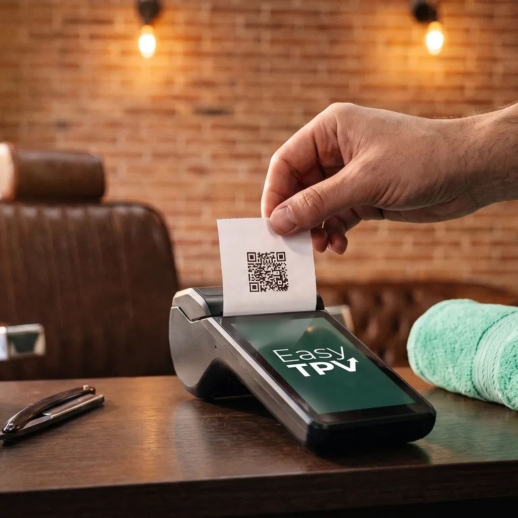 Mostrador de una barbería: una mano arranca del datáfono un ticket con su código QR, junto a una maquinilla, una navaja cerrada y una toalla enrollada