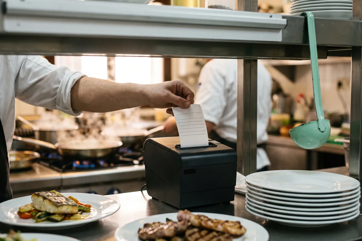 Pase de la cocina de un restaurante a mediodía: una mano arranca de una impresora térmica una comanda de papel, junto a dos platos listos para salir
