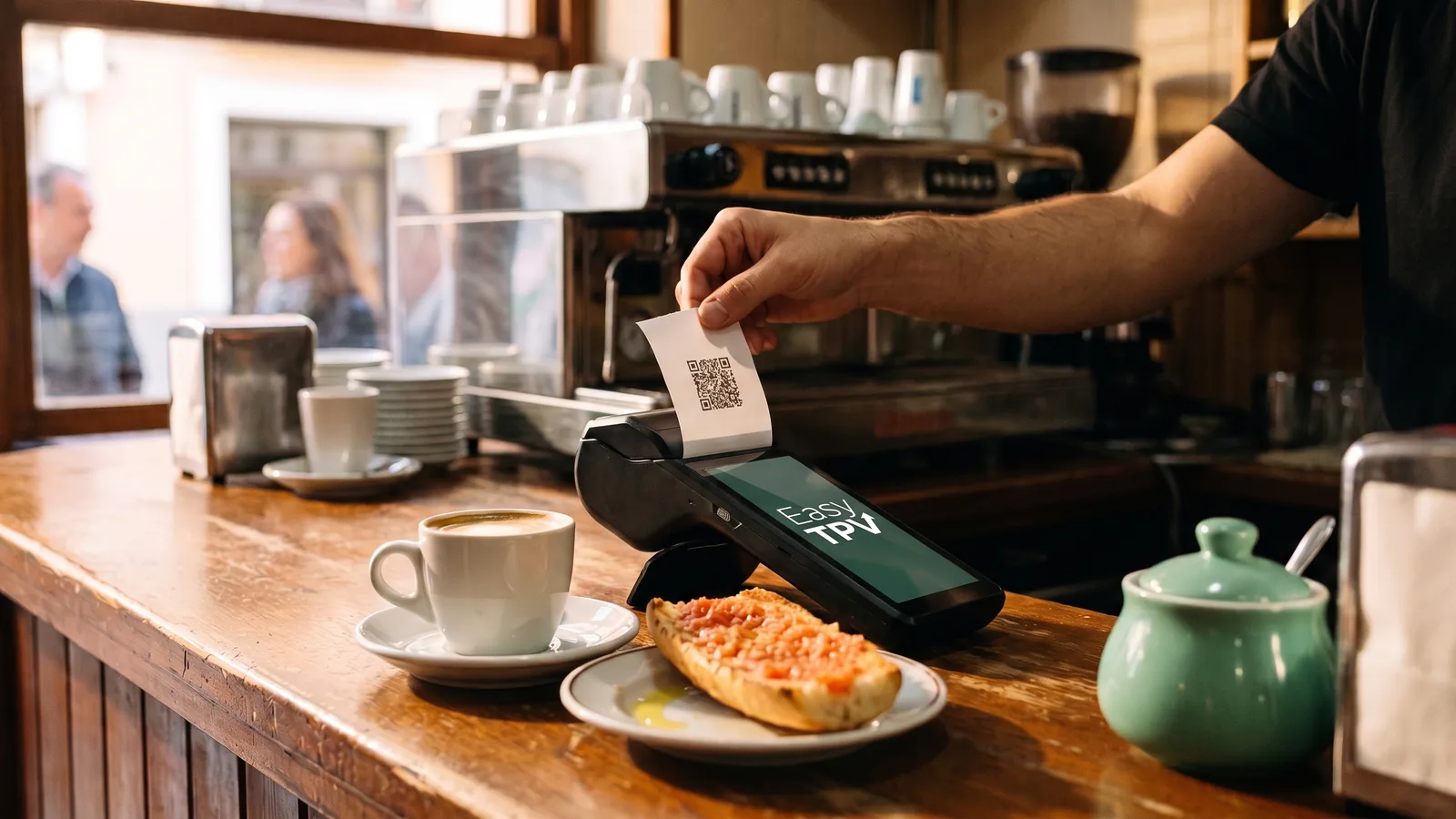 Barra de un bar por la mañana: un café con leche y una tostada con tomate, y una mano que arranca del datáfono un ticket con su código QR