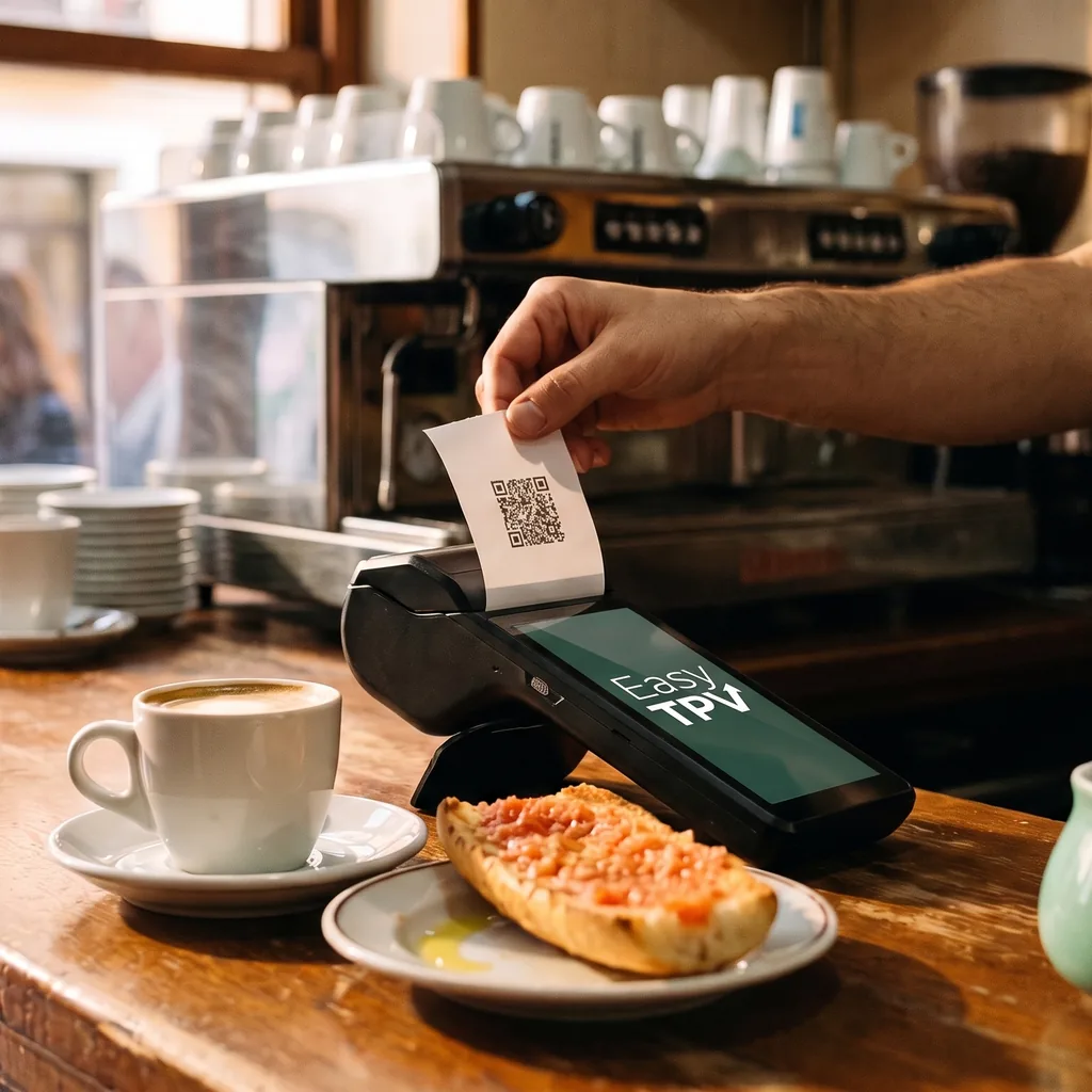 Barra de un bar por la mañana: un café con leche y una tostada con tomate, y una mano que arranca del datáfono un ticket con su código QR