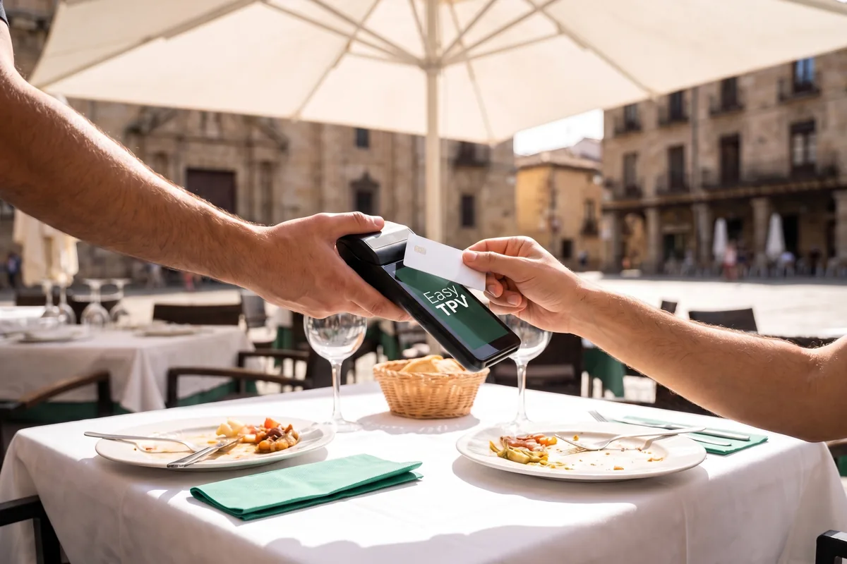 Mesa de una terraza después de comer: el camarero sostiene el datáfono y el cliente acerca la tarjeta para pagar