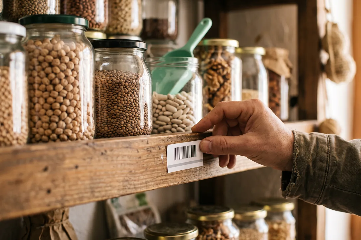 Estante de madera con tarros de garbanzos, lentejas y alubias a granel; una mano pega en el borde una etiqueta con su código de barras