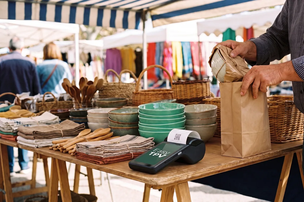 Puesto de menaje en un mercadillo al aire libre: cuencos de cerámica, cestas de mimbre y cucharas de madera; el datáfono sobre la mesa imprime un ticket con su código QR