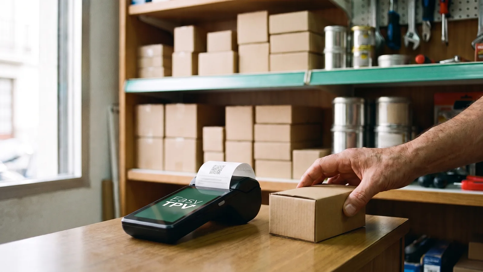 Mostrador de una ferretería de barrio: el datáfono imprime un ticket con su código QR mientras una mano deja una caja de cartón al lado