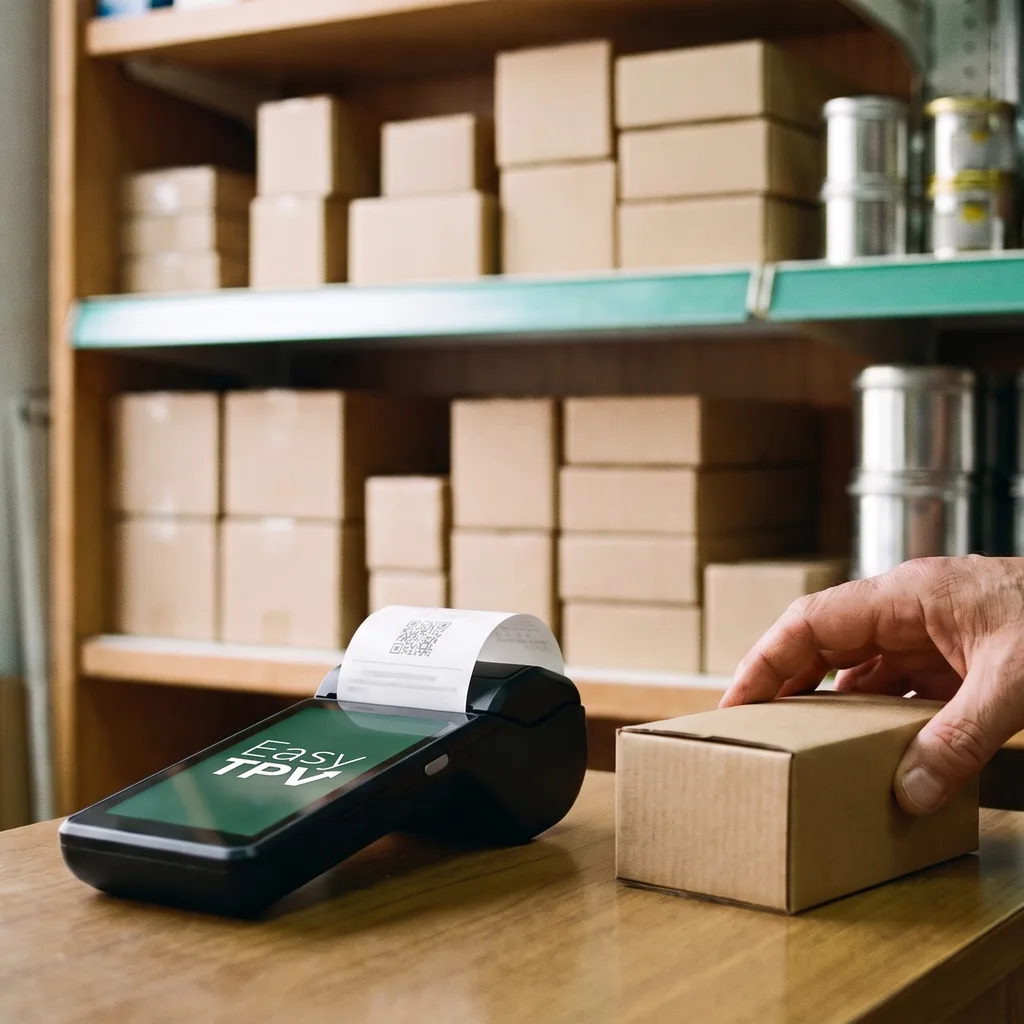 Mostrador de una ferretería de barrio: el datáfono imprime un ticket con su código QR mientras una mano deja una caja de cartón al lado
