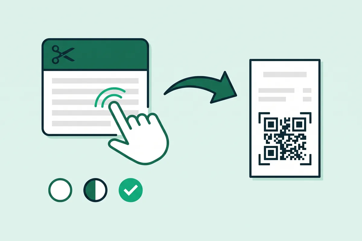 Dibujo de una cita con unas tijeras que un dedo toca, una flecha hacia un ticket con su QR y tres puntos que pasan de vacío a medio lleno y a marcado en verde