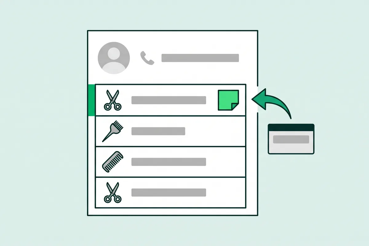 Dibujo de la ficha de una clienta con un teléfono y una lista de visitas con tijeras, pincel y peine, la más reciente marcada en verde con una nota