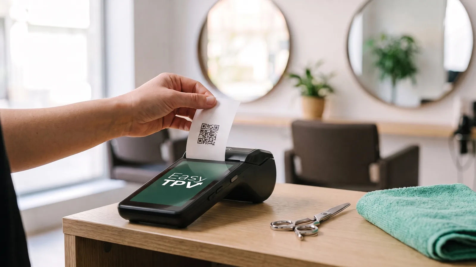 Recepción de una peluquería por la mañana: una mano arranca del datáfono un ticket con su código QR, junto a unas tijeras y una toalla