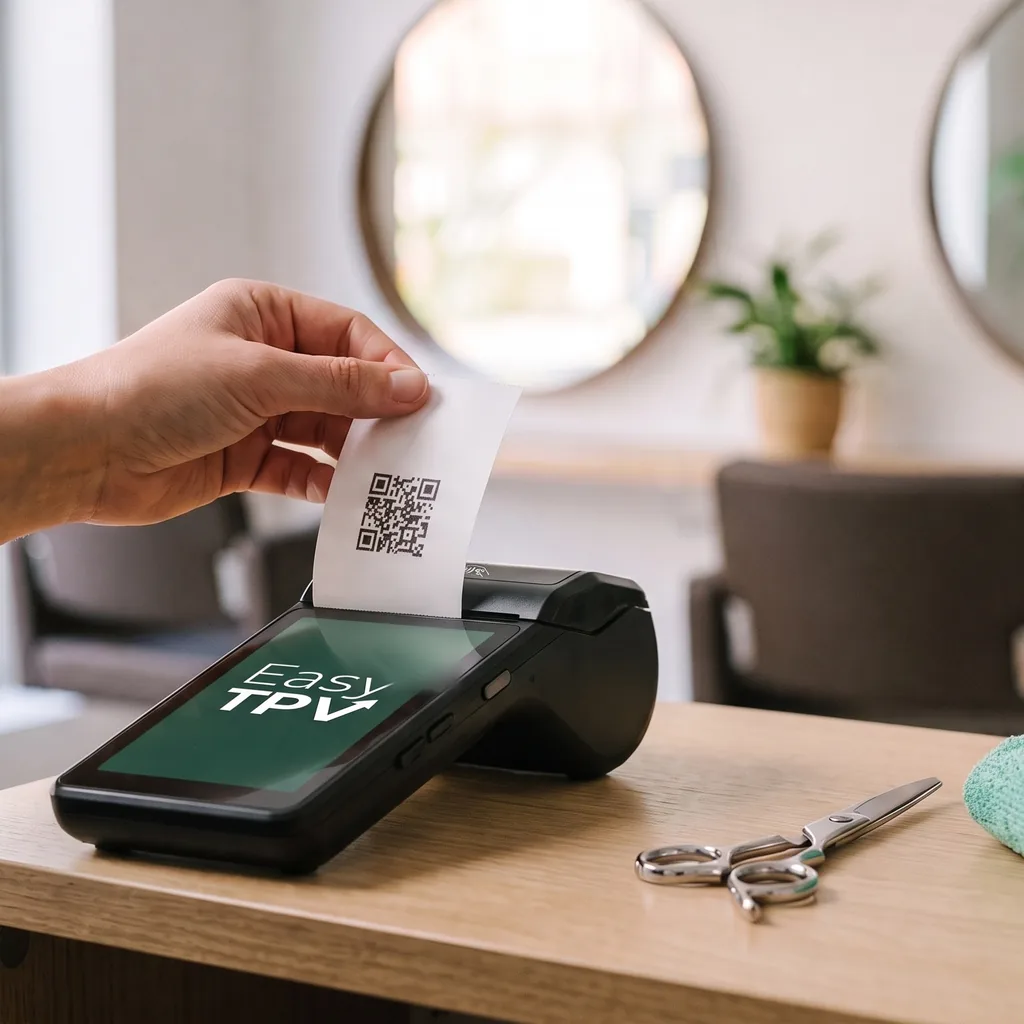 Recepción de una peluquería por la mañana: una mano arranca del datáfono un ticket con su código QR, junto a unas tijeras y una toalla